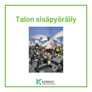 Talon sisäpyöräily tekstissä ja kuvassa henkilö spinning pyörän päällä