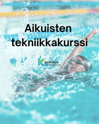 Teksti aikuisten tekniikkakurssi ja liikuntapalveluiden logo. Kuvassa henkilö ui selkäuintia altaassa.