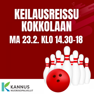 Keilapallo ja keiloja. Tekstinä lukee keilausreissu Kokkolaan.