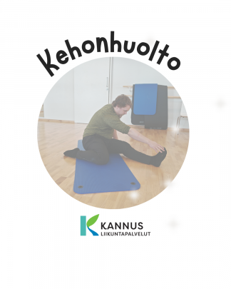Teksti kehonhuolto ja kuvassa henkilö istumassa lattialla jumppamatolla venytellen. Logo alareunassa liikuntapalvelut.