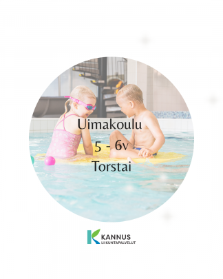 Kaksi lasta uimassa. Teksti: uimakoulu 5-6v. torstai